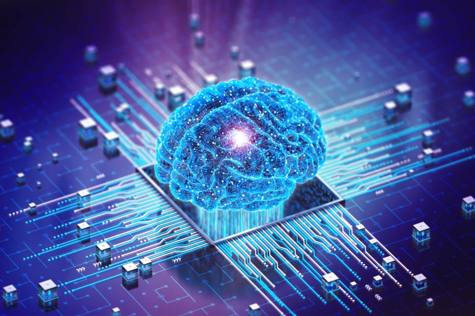 3D Render of AI concept with brain model plugged into computer hardware