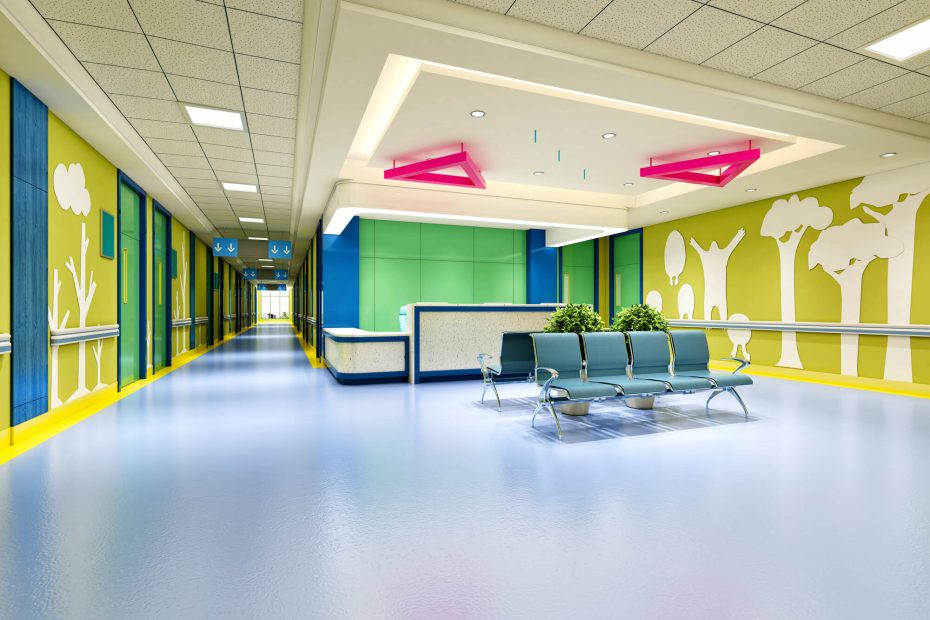 3d render of hospital interior, lobby reception with bright colors