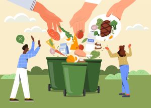 Food waste. Big hands throw leftovers of dishes into trash. Get rid of expired products. Excessive consumption. Taking care of environment.