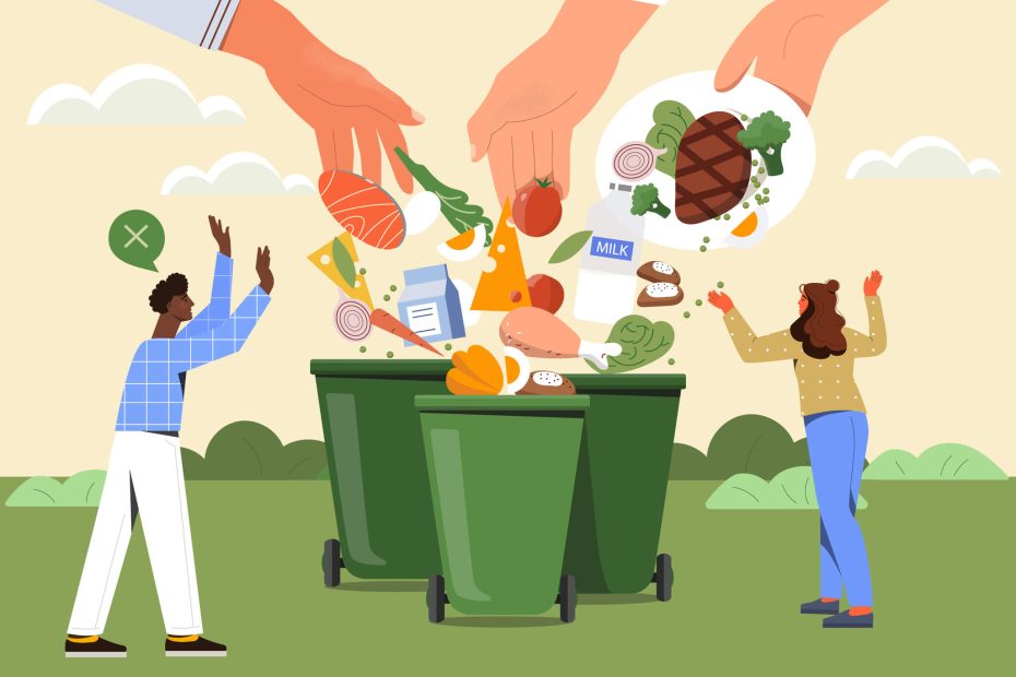 Food waste. Big hands throw leftovers of dishes into trash. Get rid of expired products. Excessive consumption. Taking care of environment.