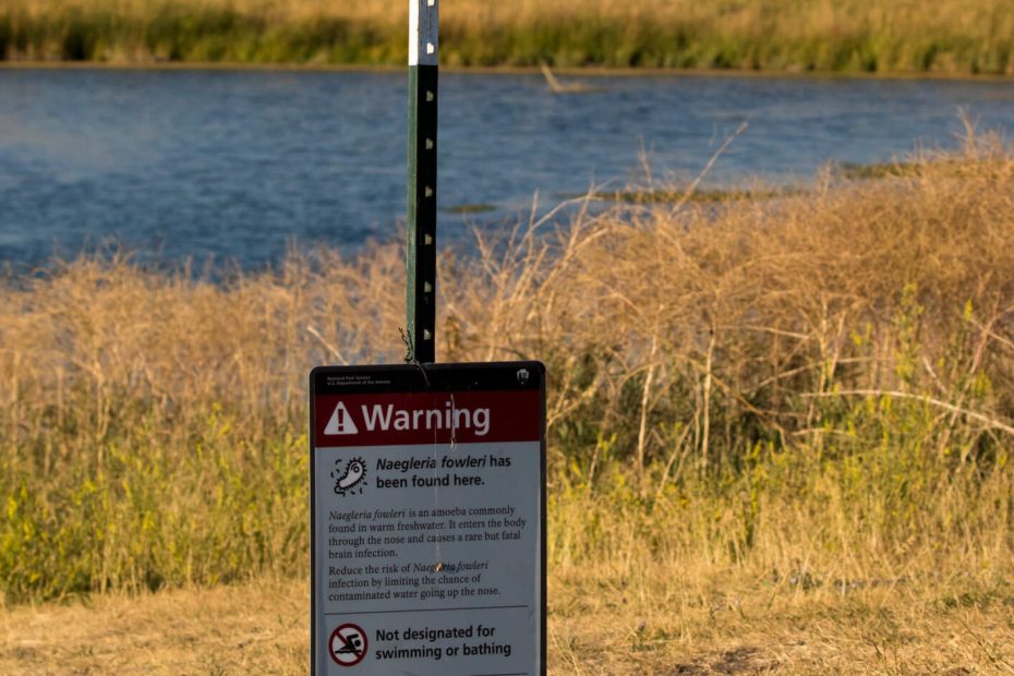 Sign for Brain eating amoeba in Kelly Warm Springs in Tetons