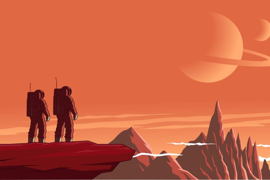 A retro cartoon style vector illustration of a couple of astronaut standing on an alien planet with other planets and mountain range in the background.