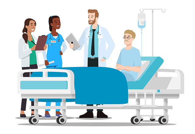 Doctor discussing thing with patient and nurses flat vector illustration isolated on white background