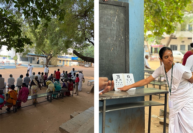 Left: Patients wait to be screened at an eye camp. Right: A nursing sister conducts an eye exam for a child.