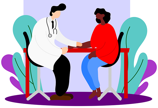 The doctor is examining a female patient in a red shirt, it appears that the doctor is checking the patient's pulse to carry out an observation of health and disease, the woman is being examined while sitting on a chair, plant doodle background, flat design style
