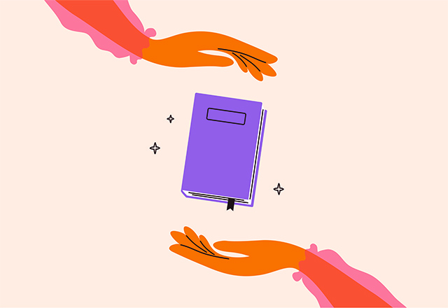 Woman hands holding magic book. Fairy tale story. Elegant girl in a pink blouse reading literature. Read books lover. Education, literacy day concept. Book swap, bookstore, library vector illustration