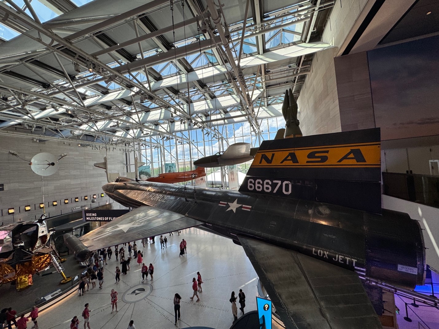 North American X-15 suspended in Smithsonian Air and Space Museum located in Boeing Milestones of Flight Hall – see small question mark below the plane for information desk. 