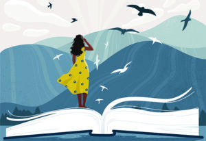 A woman illustrated with an open book