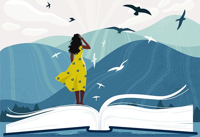 A woman illustrated with an open book