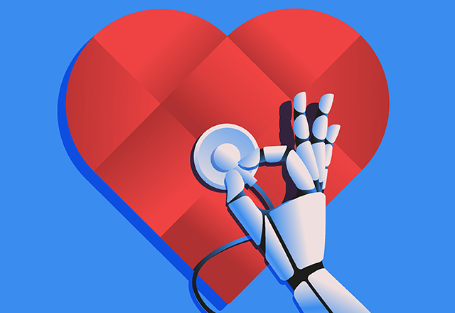 Robotic hand with stethoscope checking heart. Artifical intelligence in medicine and healthcare concept.