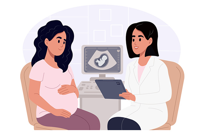 Doctor explains ultrasound results to a pregnant woman using a digital tablet.