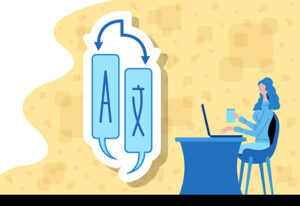 Business woman working for multilingual with a language translation icon. All the objects, shadows and background are in different layers.