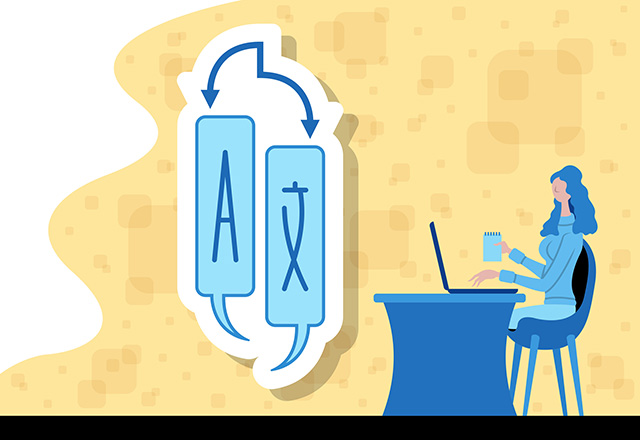 Business woman working for multilingual with a language translation icon. All the objects, shadows and background are in different layers.
