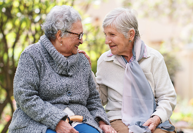 Outdoor, friends and bench with senior women, love and bonding together with retirement, park and cheerful. Old ladies, outside and mature people with conversation, group and joy with weekend break