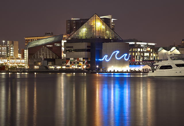 Baltimore's Inner Harbor and National Aquarium Lit at Night